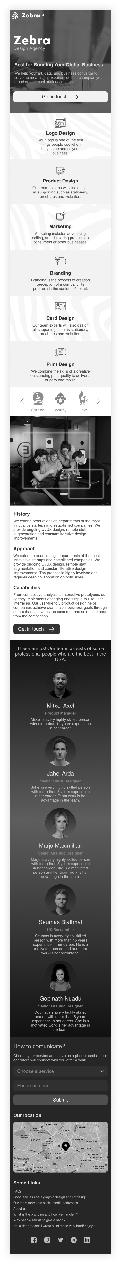 At Zebra Design Agency landing page, I embrace the challenge of working exclusively with black and white colors. My mission is to deliver stunning design solutions that captivate and inspire, using the timeless allure of this monochromatic palette.